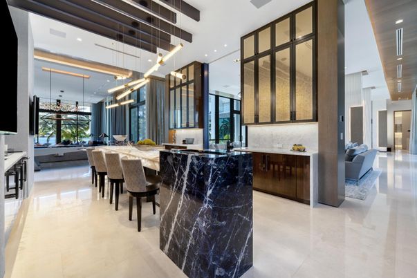 Interior, Kitchen, Marble Walls, Pendant Lights, Recessed Lighting, Wooden Beams