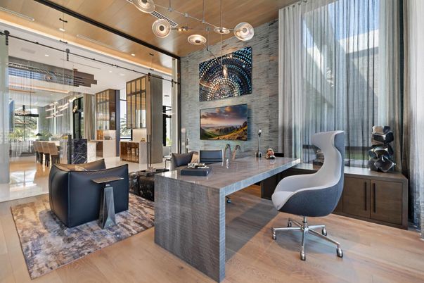 Home Office, Interior, Pendant Lights, Recessed Lighting, Stone Walls, Wooden Ceilings, Wood Texture Flooring