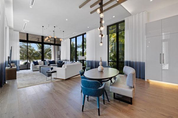 Dining room, Interior, Living room, Pendant Lights, Recessed Lighting, Wood Texture Flooring