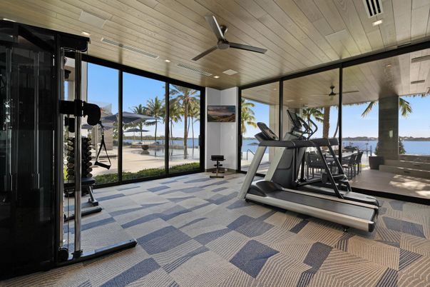 Fitness Equipment, Gym, Interior, Recessed Lighting, Water, Wooden Ceilings