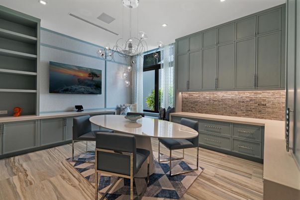 Dining room, Interior, Pendant Lights, Recessed Lighting, Wood Texture Flooring