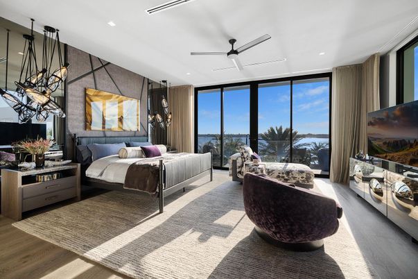 Bedroom, Interior, Pendant Lights, Recessed Lighting, Wood Texture Flooring