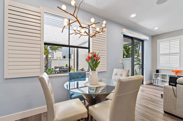 Dining room, Interior, Pendant Lights, Recessed Lighting, Wood Texture Flooring