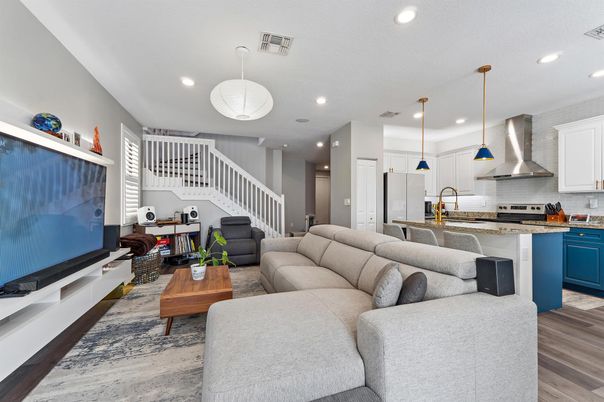 Interior, Kitchen, Living room, Pendant Lights, Recessed Lighting, Stainless Steel Appliances, Wood Texture Flooring