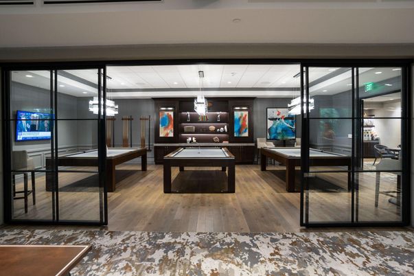 Billiard Table, Game Room, Interior, Pendant Lights, Wood Texture Flooring