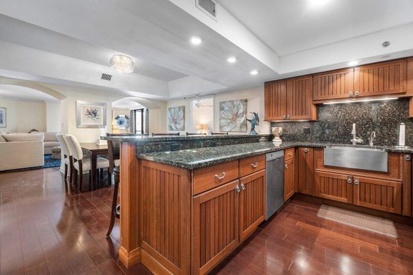 Dining room, Interior, Kitchen, Living room, Recessed Lighting, Stainless Steel Appliances, Wood Texture Flooring