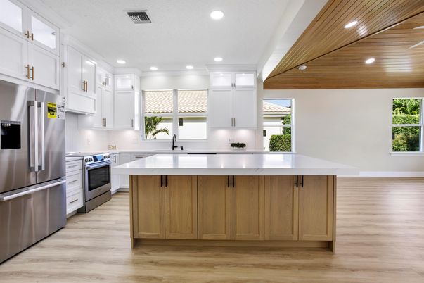Interior, Kitchen, Recessed Lighting, Stainless Steel Appliances, Wooden Ceilings, Wood Texture Flooring