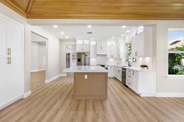 Interior, Kitchen, Recessed Lighting, Stainless Steel Appliances, Wooden Ceilings, Wood Texture Flooring