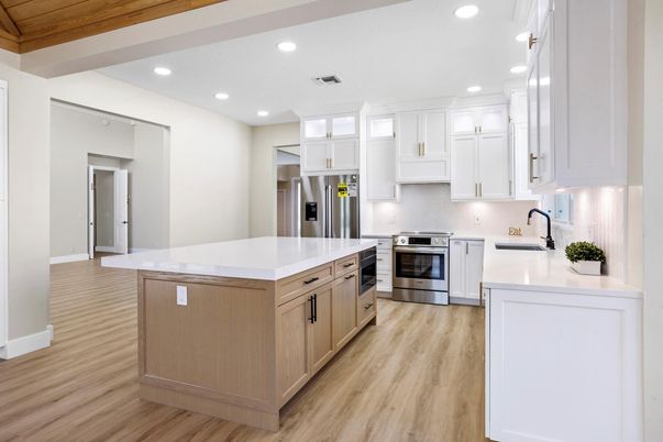 Interior, Kitchen, Recessed Lighting, Stainless Steel Appliances, Wood Texture Flooring