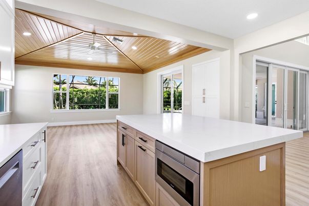 Interior, Kitchen, Pendant Lights, Recessed Lighting, Stainless Steel Appliances, Wooden Ceilings, Wood Texture Flooring