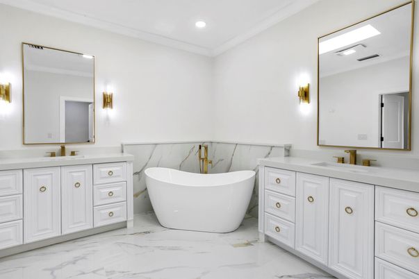 Bathroom, Dual Sink Vanities, Free Standing Baths, Interior, Marble, Recessed Lighting
