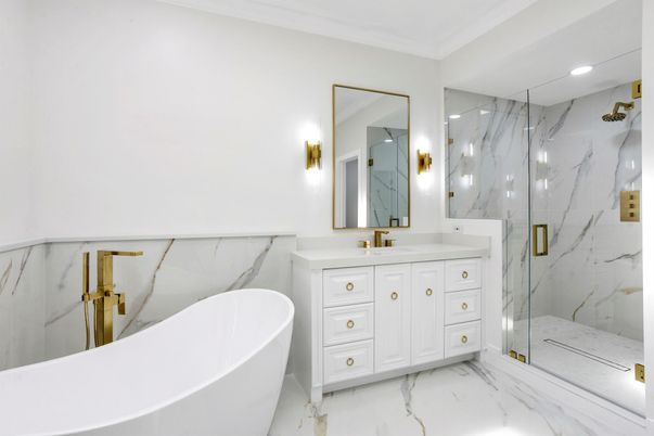 Bathroom, Dual Sink Vanities, Free Standing Baths, Glass Shower, Interior, Marble, Marble Walls, Recessed Lighting