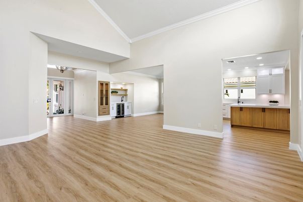 Empty room, Interior, Kitchen, Recessed Lighting, Wood Texture Flooring