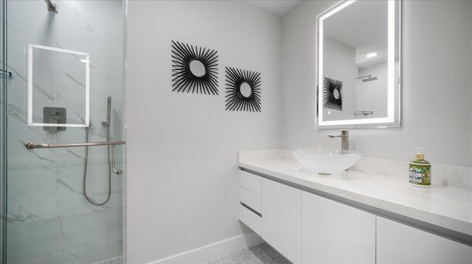 Bathroom, Glass Shower, Interior, Marble Walls, Recessed Lighting