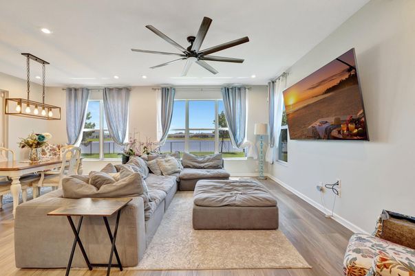 Dining room, Interior, Living room, Pendant Lights, Recessed Lighting, Wood Texture Flooring