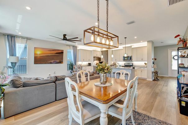 Dining room, Interior, Kitchen, Living room, Pendant Lights, Recessed Lighting, Stainless Steel Appliances, Wood Texture Flooring