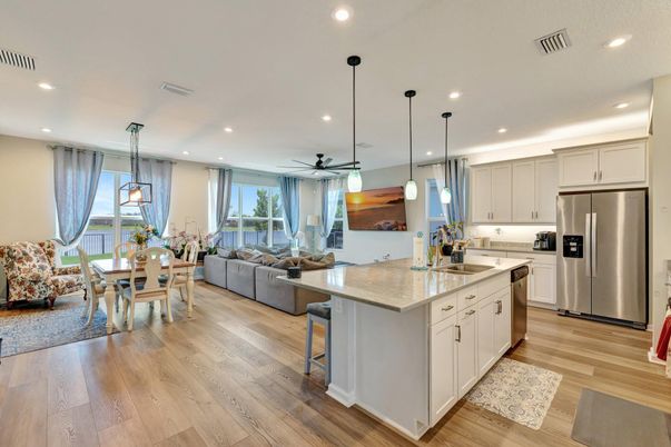 Dining room, Interior, Kitchen, Living room, Pendant Lights, Recessed Lighting, Stainless Steel Appliances, Wood Texture Flooring
