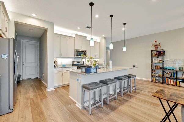 Interior, Kitchen, Pendant Lights, Recessed Lighting, Wood Texture Flooring