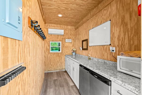 Interior, Kitchen, Recessed Lighting, Wooden Ceilings, Wood Texture Flooring, Wooden Walls