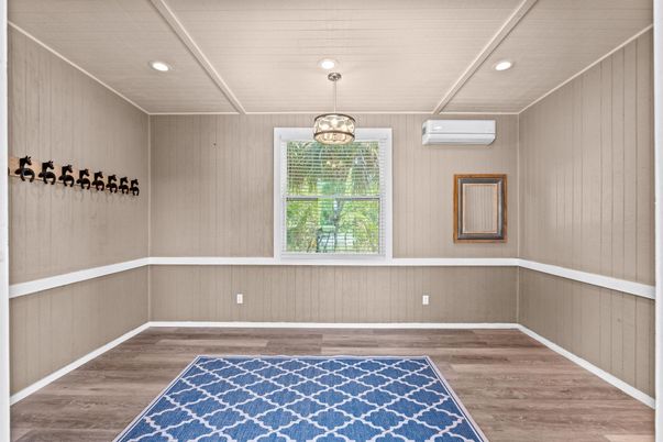 Empty room, Interior, Pendant Lights, Recessed Lighting, Wood Texture Flooring