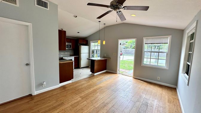 Interior, Kitchen, Pendant Lights, Recessed Lighting, Wood Texture Flooring