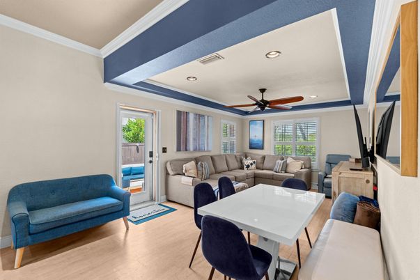 Dining room, Interior, Living room, Recessed Lighting, Wood Texture Flooring