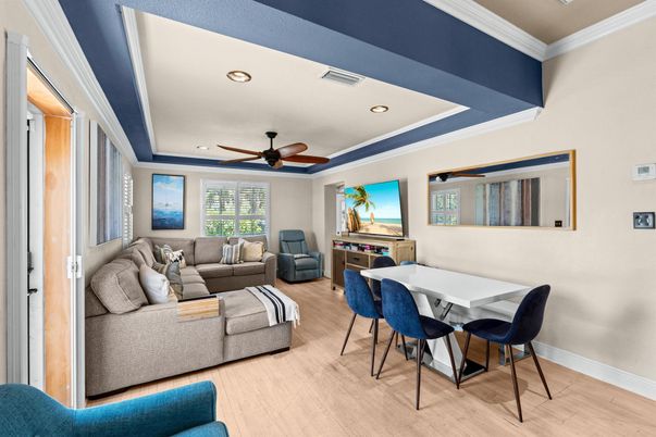 Dining room, Interior, Living room, Recessed Lighting, Wood Texture Flooring