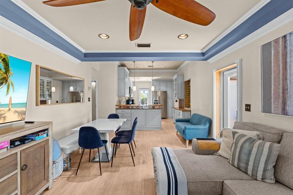 Dining room, Interior, Kitchen, Living room, Pendant Lights, Recessed Lighting, Stainless Steel Appliances, Wood Texture Flooring