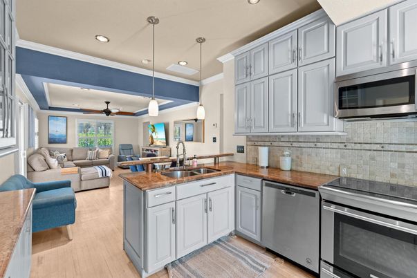 Interior, Kitchen, Living room, Pendant Lights, Recessed Lighting, Stainless Steel Appliances, Wood Texture Flooring