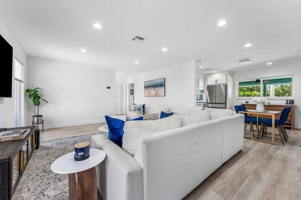 Dining room, Interior, Kitchen, Living room, Recessed Lighting, Stainless Steel Appliances, Wood Texture Flooring