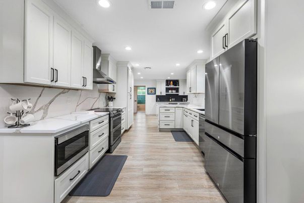 Interior, Kitchen, Recessed Lighting, Stainless Steel Appliances, Wood Texture Flooring