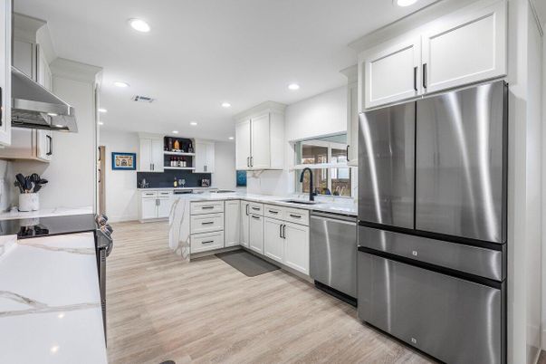 Interior, Kitchen, Recessed Lighting, Stainless Steel Appliances, Wood Texture Flooring