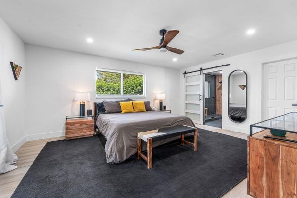 Bedroom, Interior, Recessed Lighting, Wood Texture Flooring
