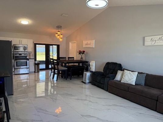 Dining room, Interior, Kitchen, Living room, Marble, Pendant Lights, Stainless Steel Appliances