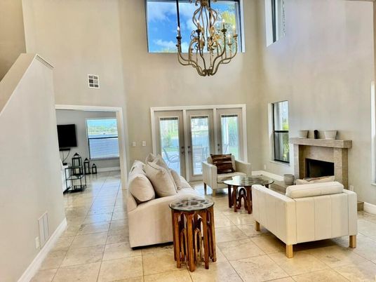 Chandelier, Fireplace, Interior, Living room