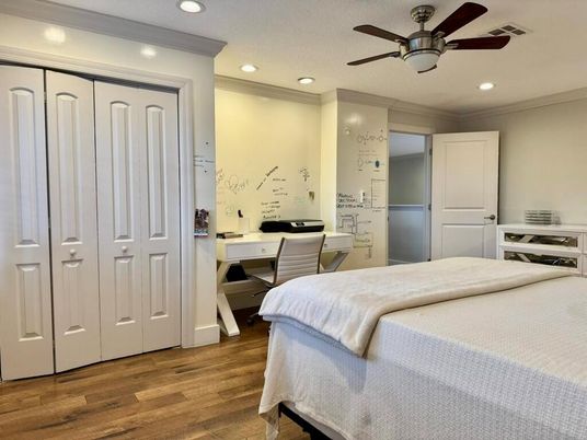Bedroom, Interior, Recessed Lighting, Wood Texture Flooring