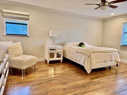 Bedroom, Interior, Recessed Lighting, Wood Texture Flooring