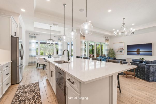 Chandelier, Dining room, Interior, Kitchen, Living room, Pendant Lights, Recessed Lighting, Wood Texture Flooring