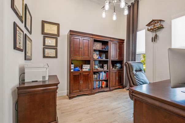 Home Office, Interior, Pendant Lights, Wood Texture Flooring