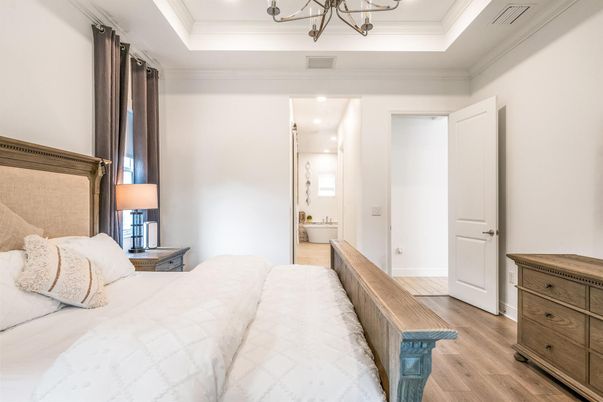 Bedroom, Chandelier, Interior, Recessed Lighting, Wood Texture Flooring