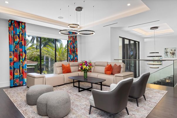 Interior, Living room, Pendant Lights, Recessed Lighting, Wood Texture Flooring