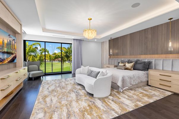 Bedroom, Interior, Pendant Lights, Recessed Lighting, Wood Texture Flooring
