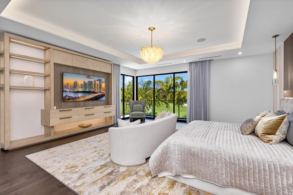 Bedroom, Chandelier, Interior, Pendant Lights, Recessed Lighting, Wood Texture Flooring