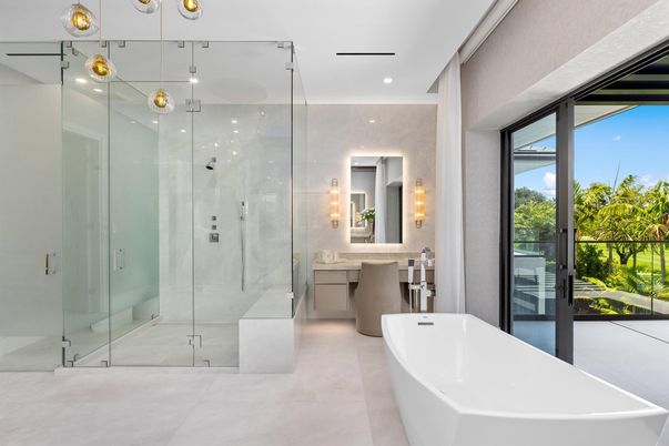 Bathroom, Free Standing Baths, Glass Shower, Interior, Recessed Lighting