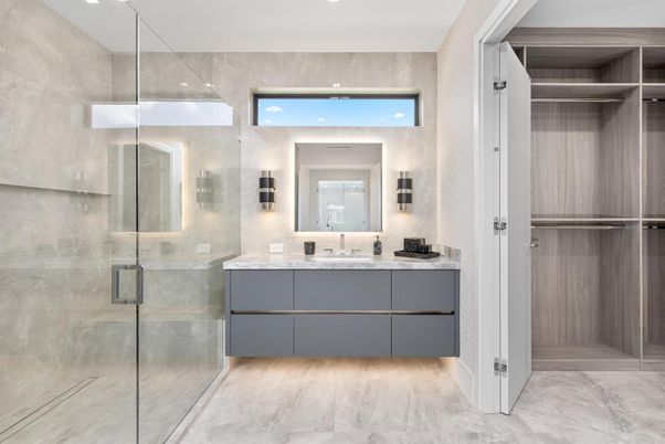 Bathroom, Dual Sink Vanities, Glass Shower, Interior, Marble, Recessed Lighting