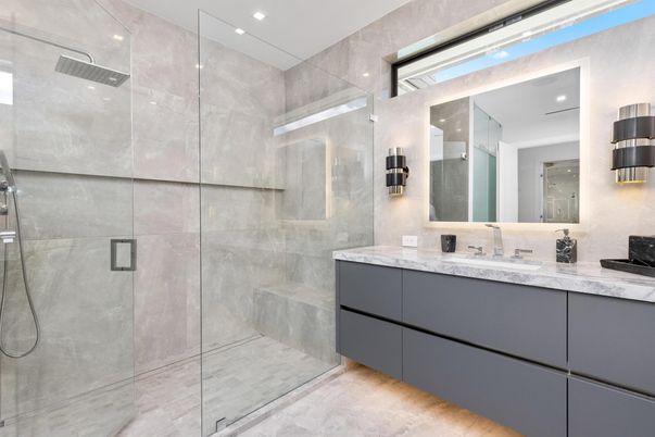 Bathroom, Dual Sink Vanities, Glass Shower, Interior, Recessed Lighting, Wood Texture Flooring