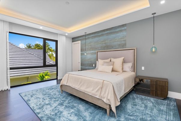 Bedroom, Interior, Pendant Lights, Recessed Lighting, Wood Texture Flooring