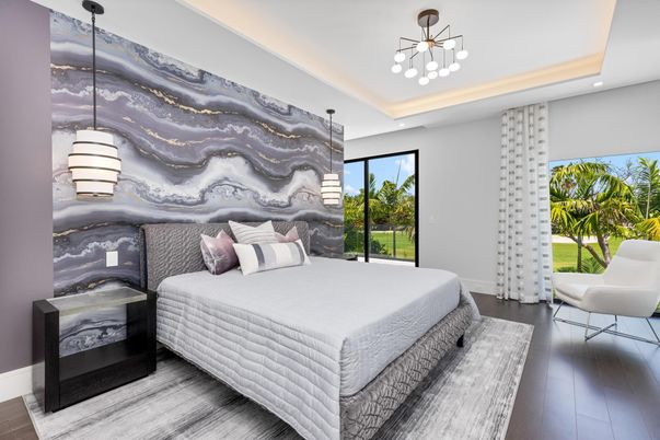 Bedroom, Interior, Pendant Lights, Recessed Lighting, Wood Texture Flooring