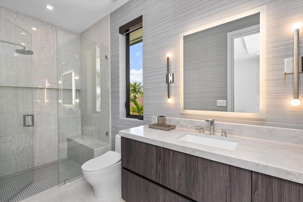 Bathroom, Glass Shower, Interior, Recessed Lighting