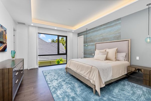 Bedroom, Interior, Pendant Lights, Recessed Lighting, Wood Texture Flooring